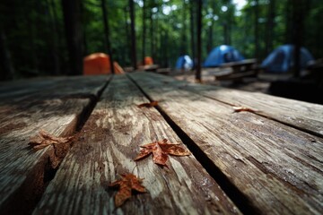 Wooden Picnic Table In Forest Camping Area