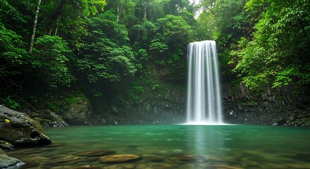 Serene waterfall cascading into a clear pool surrounded by lush green foliage
