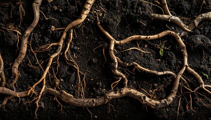 Fototapeta premium Close-up view of intricate plant roots intertwined within dark soil