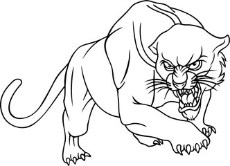 Fierce Panther Line Art Illustration. Aggressive Big Cat Mascot with Snarling Face, Bared Teeth, and Claws in Predator Stance.