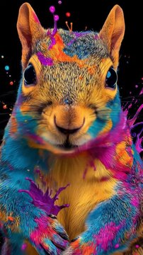 Close-up of a rainbow-hued squirrel with vivid color splashes, bright eyes, and surreal fur, vivid!!