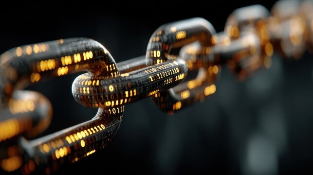 Digital Chain Links Encoded With Binary Data, Representing Cybersecurity and Technology Innovation : Generative AI