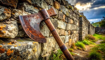 Axe leans against stone wall