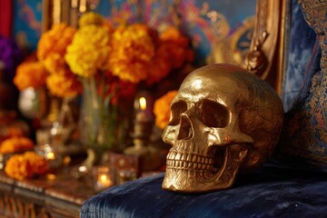 Mexican skull golden sugar festival gold holiday design traditional . background black ornate flower decoration celebration