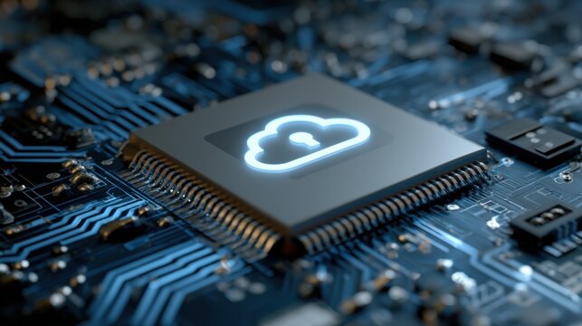 Cloud Computing Microchip on Circuit Board, Illustrating Data Security and Technological Innovation for Digital Transformation in Business and Cybersecurity : Generative AI