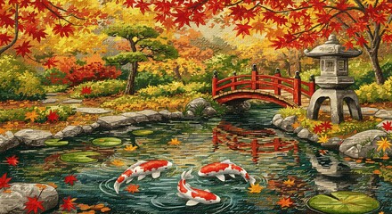 Serene Autumn Japanese Garden with Koi Fish, Red Bridge, and Colorful Maple Leaves