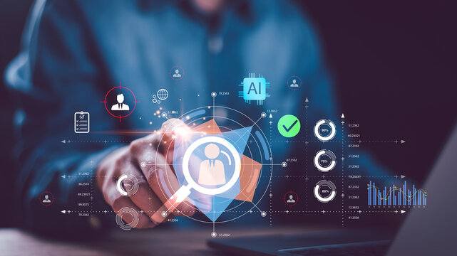 AI recruitment concept with digital candidate screening, employee evaluation, data analytics, and smart HR technology, showing workforce selection, hiring process, performance assessment