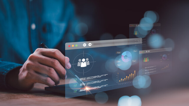 Digital HR analytics dashboard with recruitment interface, employee evaluation, and workforce management system, showing data visualization, checklist, performance metrics for business transformation - Powered by Adobe