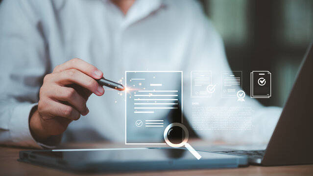 Digital document with compliance and approval icons, symbolizing regulation, corporate governance, legal contract verification,online paperwork management,transparent business administration workflow