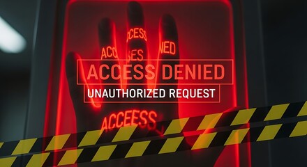 Futuristic security system denies access with striking red warning and hazard tape, perfect for illustrating cybersecurity risks and data protection failures