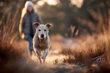 A dog walks with a person on a forest path against blurred green forest background.