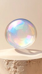 A pastel-hued sphere levitates above a textured podium