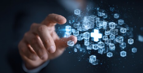 Hand Touching Glowing Cubes and Plus Sign, Representing Digital Transformation and Innovation in Healthcare Technology Solutions : Generative AI