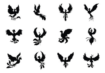 phoenix set collection pack bundle black shape icon silhouette vector flat illustration design on white background
