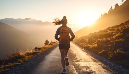 Woman running on a scenic mountain road at sunset with a golden glow