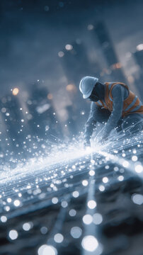Worker tying rebar close up with bright light effect creating dynamic construction scene full of energy and focus