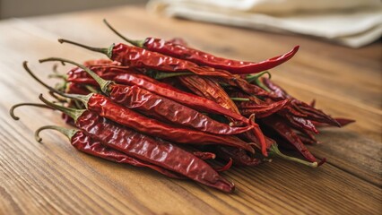 Red chili peppers on wooden table create vibrant and spicy atmosphere in this Indian street photograph
