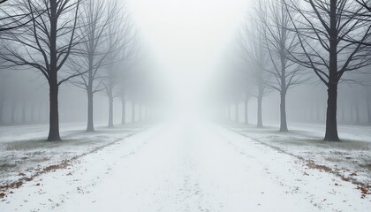 Pathway leading into ethereal mist under a canopy of bare trees and a light dusting of winter snow