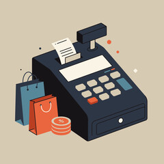 Cash register machine with shopping bag, retail store checkout, supermarket purchase and cashier payment flat vector design