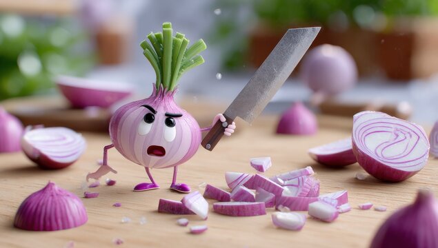 Cartoon Onion Character with Knife on Cutting Board, Depicting Food Preparation and Culinary Arts in a Humorous Style, Suitable for Recipe Illustration : Generative AI