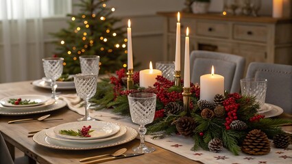 Elegant christmas dinner table setting with glowing candles and festive greenery creating a warm holiday ambiance