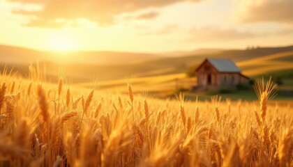 Obraz premium Golden sunset light bathes a field of ripe wheat, an old rustic structure sits on a distant hill