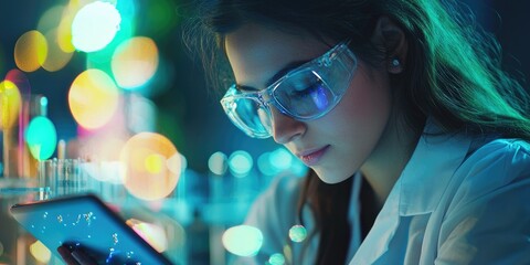 A woman wearing protective glasses, holding a tablet with a scientific interface, in a laboratory setting with colorful lights and test tubes in the background.