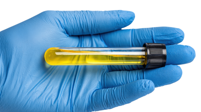 Medical Hand Holding Test Tube with Yellow Liquid on Transparent Background