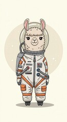 Obraz premium Adorable llama character dressed in a detailed astronaut spacesuit, presented in a whimsical cartoon style against a soft beige backdrop with subtle star elements for a space-themed composition,...