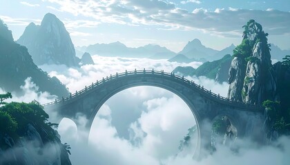 Bridge to mountains amid fog