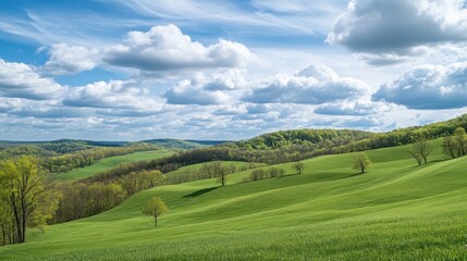 Fototapeta premium Rolling hills covered in fresh, vibrant green grass, under a partly cloudy spring sky, pastoral tranquility