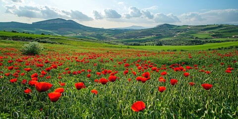 A vibrant field of red poppies with green hills in the background, under a partly cloudy sky