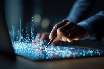 Hand Using Stylus on Laptop with Glowing Data Visualization, Illustrating Digital Transformation and Artificial Intelligence Solutions for Business : Generative AI