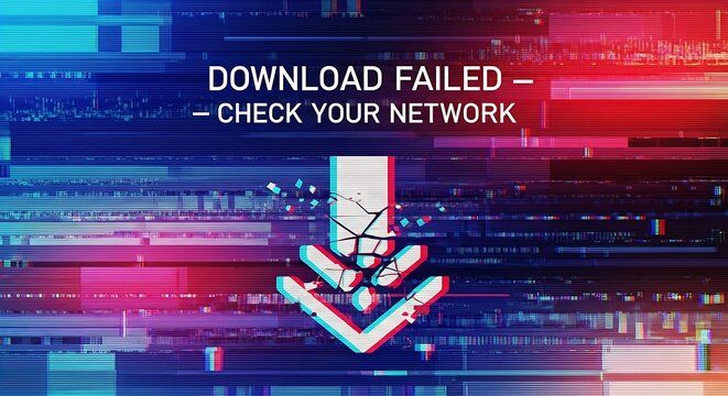 Frustrated user sees download failure with broken arrow on glitchy screen, a digital error message for tech support or internet service providers - Powered by Adobe