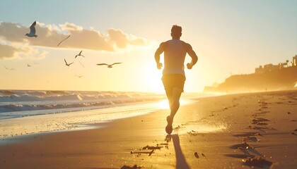 Man running on beach at sunset, enjoying a healthy lifestyle and fitness