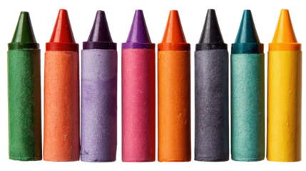 Row of Wax Crayons in Assorted Colors Isolated on Transparent Background