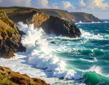 Spectacular coastal scene showcasing crashing waves and rugged cliffs under a bright sky