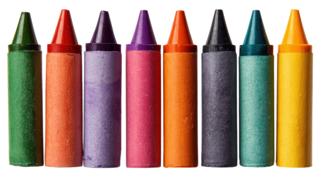 Row of Wax Crayons in Assorted Colors Isolated on Transparent Background