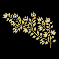 Stylized branch with leaves. Vintage floral design. Golden glossy silhouette with white pearls on black background.
