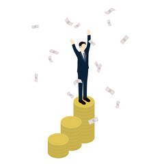 Businessman Standing on Coins with Falling Money Isometric Illustration
