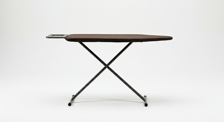 Modern Minimalist Folding Ironing Board with Dark Wood Top and Black Metal Legs.