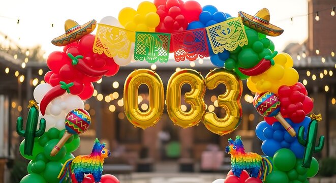 Fiesta Birthday Archway with Balloons and Decorations.