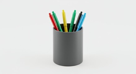 A gray cylindrical pen holder filled with colorful pens on a white background.