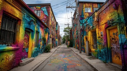 Graffiti Alley With Colorful Murals on Brick Buildings, Showcasing Urban Art and Creative Expression for Culture and Tourism Promotion : Generative AI