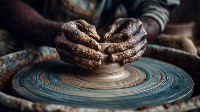 Potter Shaping Clay on Wheel With Muddy Hands, Symbolizing Craftsmanship and Artistic Expression for Creative Workshop Promotion : Generative AI