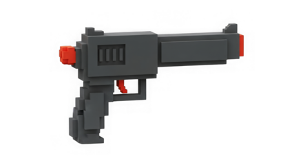 Pixelated handgun with red accents on black background