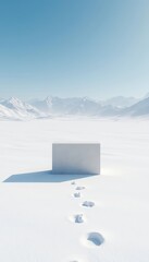 Minimalist scene with white podium and footprints in the snow, mountains, and pale blue sky perfect for winter product showcase