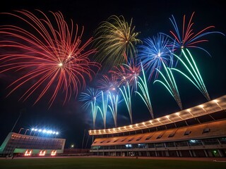 Spectacular fourth of july fireworks illuminate the night sky above a brightly lit stadium filled with cheering crowds celebrating freedom