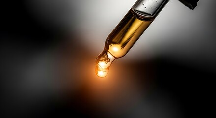 Close-up of a dropper with a glowing golden liquid drop against a dark background.