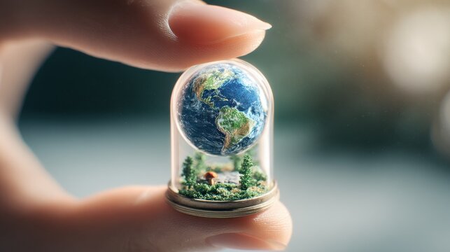 Fingertip Holding Miniature Earth Globe Under Glass Dome, Symbolizing Environmental Awareness and Global Sustainability Initiatives : Generative AI